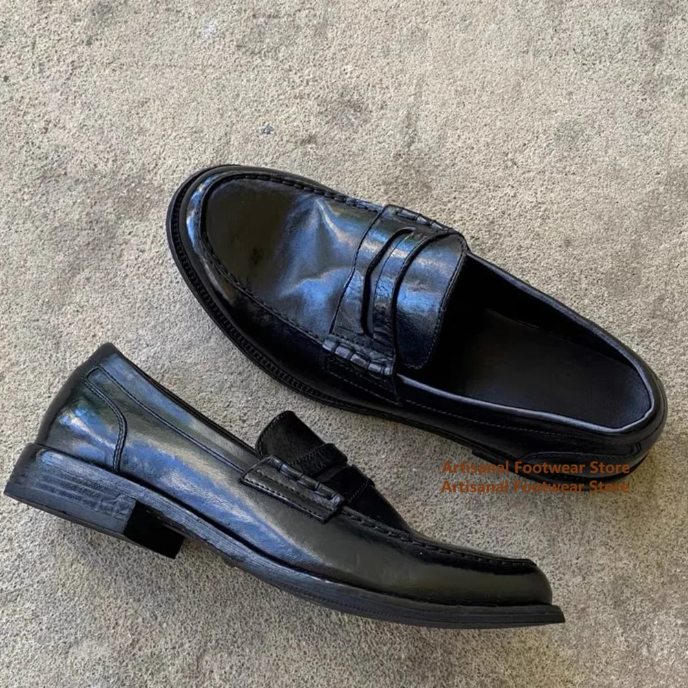 Men Vintage Black Leather Loafers Slip On Low Heel Office Dress Shoes Business Casual Shoes Trendy Handmade Luxury Men's Shoes