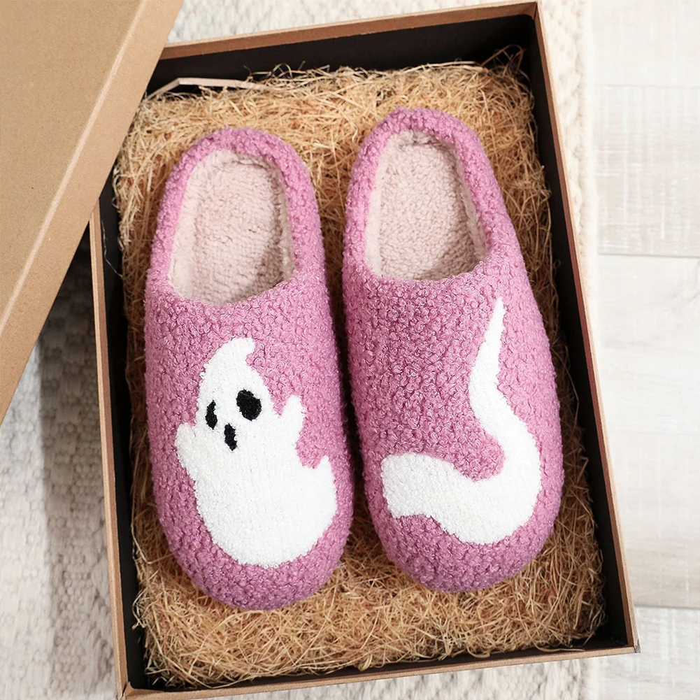 Halloween Ghost Plush Slippers Warm Slip-on House Shoes Comfortable Fuzzy Ghost Slippers Anti Slip for Outdoor Indoor Bedroom