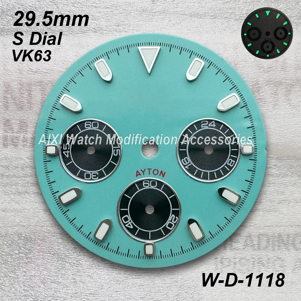 29.5mm S 로고 팬더 DTN 다이얼 VK63 무브먼트 호환 그린/무광 고품질 시계 개조 액세서리