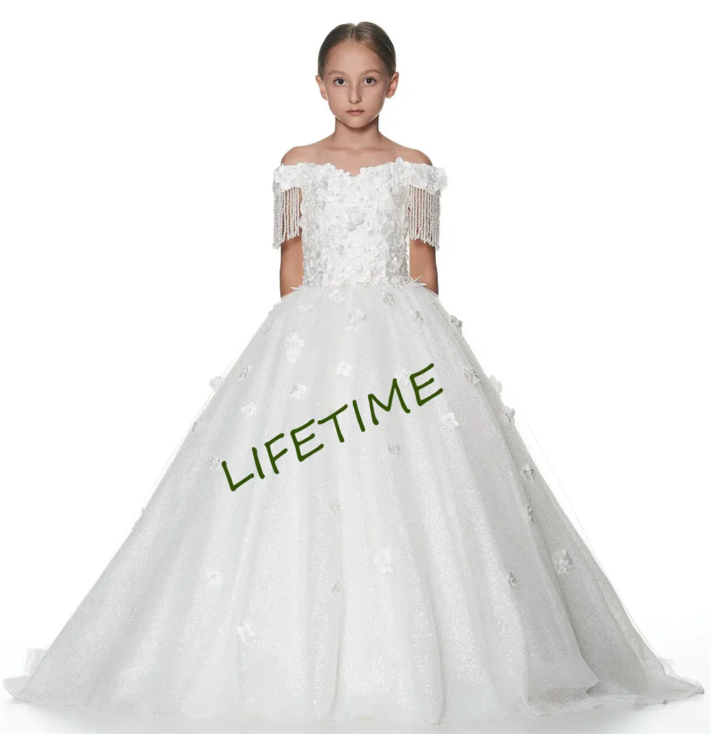 

Glitter Flower Girl Dresses Baptism Communion Party Gown Floral Off Shoulder Lace Blouse with Crystals Tassel Wedding