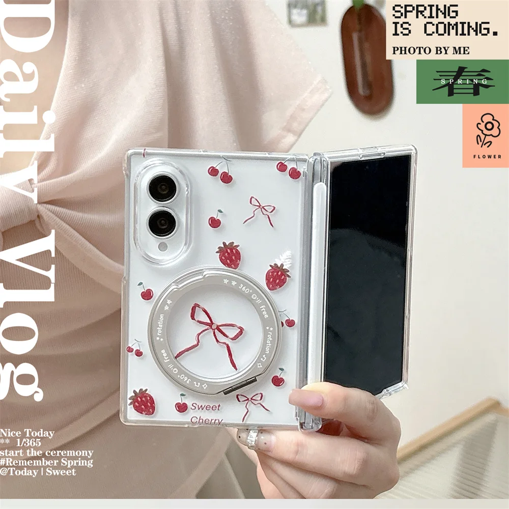 Cute Strawberry Cherry Bow Print Phone Case For Samsung Galaxy Z Fold 8 360°Rotating Ring Holder Hard Cover With Hand Chain