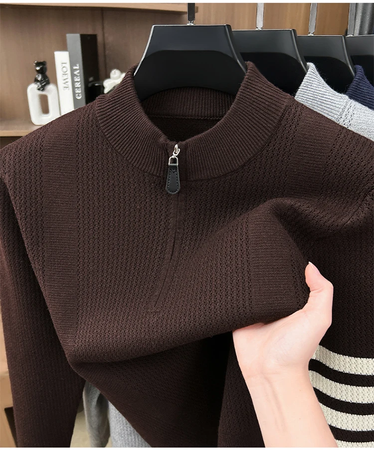 Hochwertige Reißverschluss Kragen Pullover Männer Neue Trend Persönlichkeit Streifen Zipper Herbst Winter Komfort Warm Stricken Sweater – Detail 8