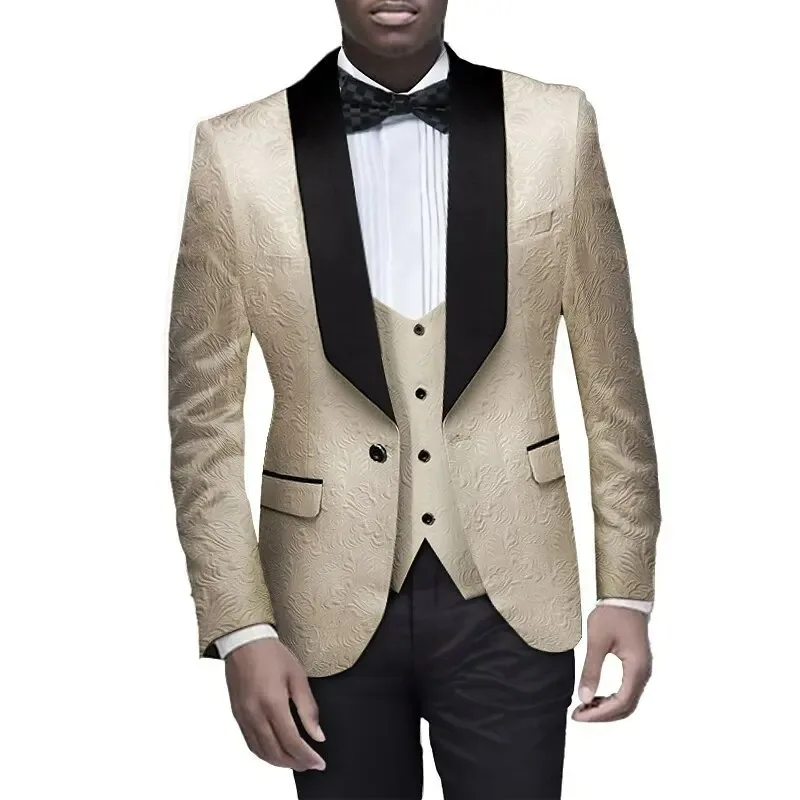 

KIDWHXR Men Outfit Contrast Color Printed Blazer Vest Man Straight-leg Pant Male British Style Slim Wedding Groom 3-piece Set