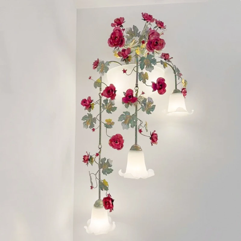 Pastoral living room wrought iron wall hanging staircase light Duplex background wall light