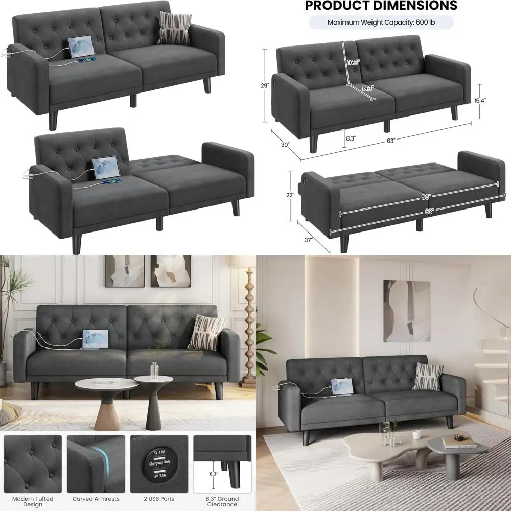 

63 inch convertible sofa bed with futon, usb ports, reclining backrest, and removable armrests