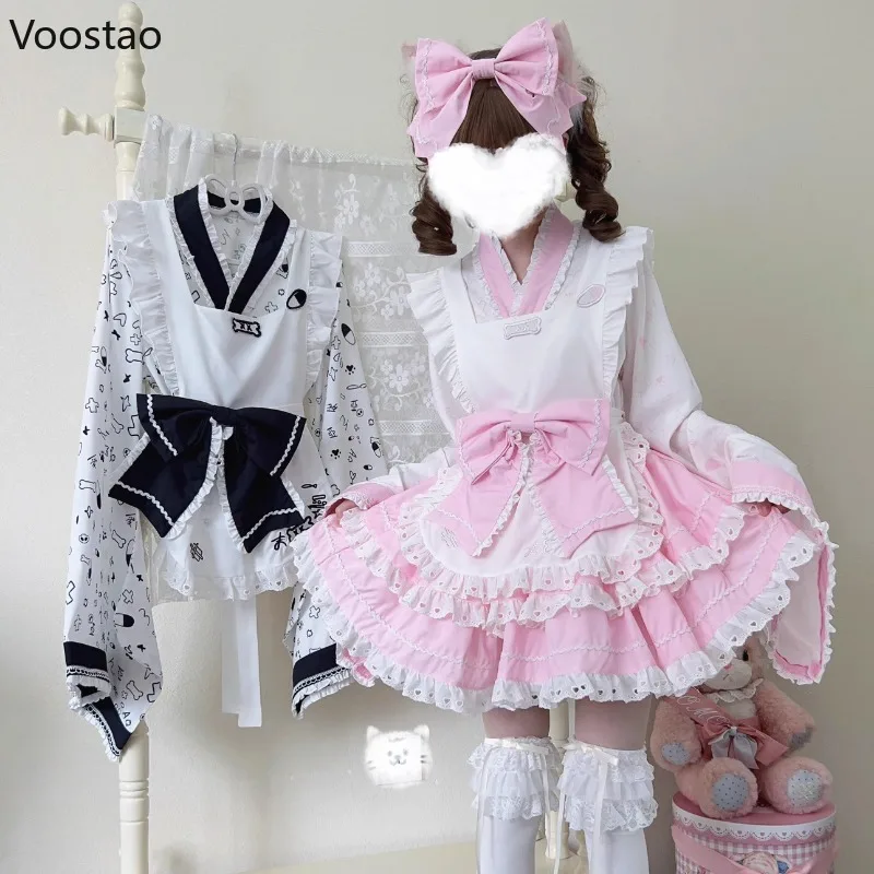 Japanese Kawaii Lolita Mini Dress Women Sweet Cute Embroidery Bow Kimono Cosplay Maid Dresses Harajuku Y2k Apron Lolita Sets