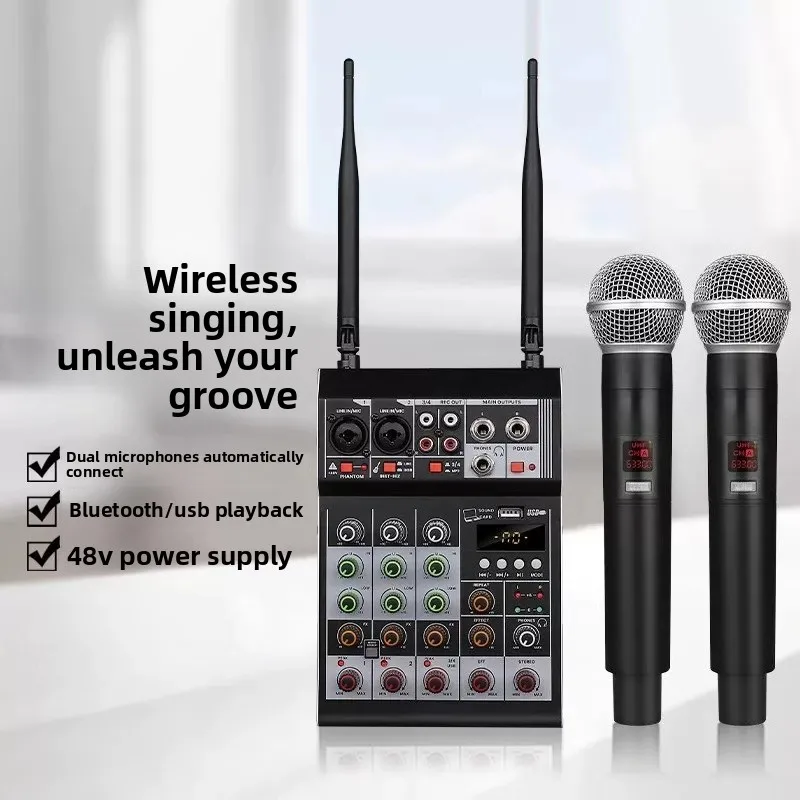 Professional mixer with microphone Bluetooth USB stick playback 4 channels small reverb effect Home KTV conference mixer