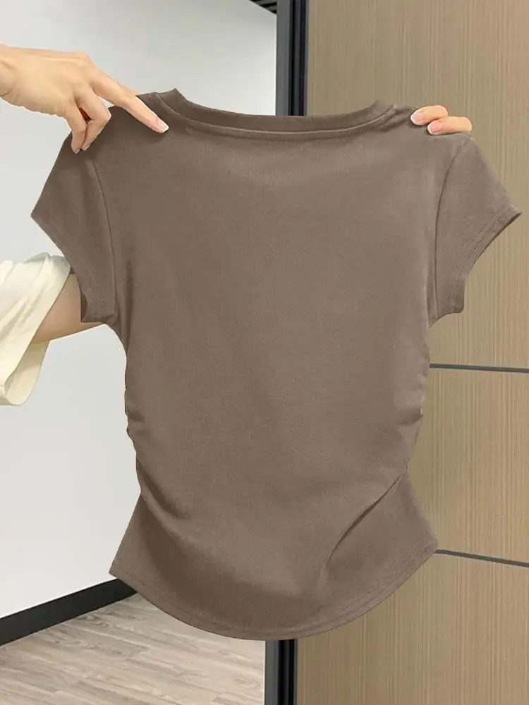 Damen-Sommer-Kurzarm-Top für modisches, vielseitiges Basishemd, schmale Passform, Rundhals-T-Shirt, lässig und sexy, atmungsaktiv und cool – Detail 9