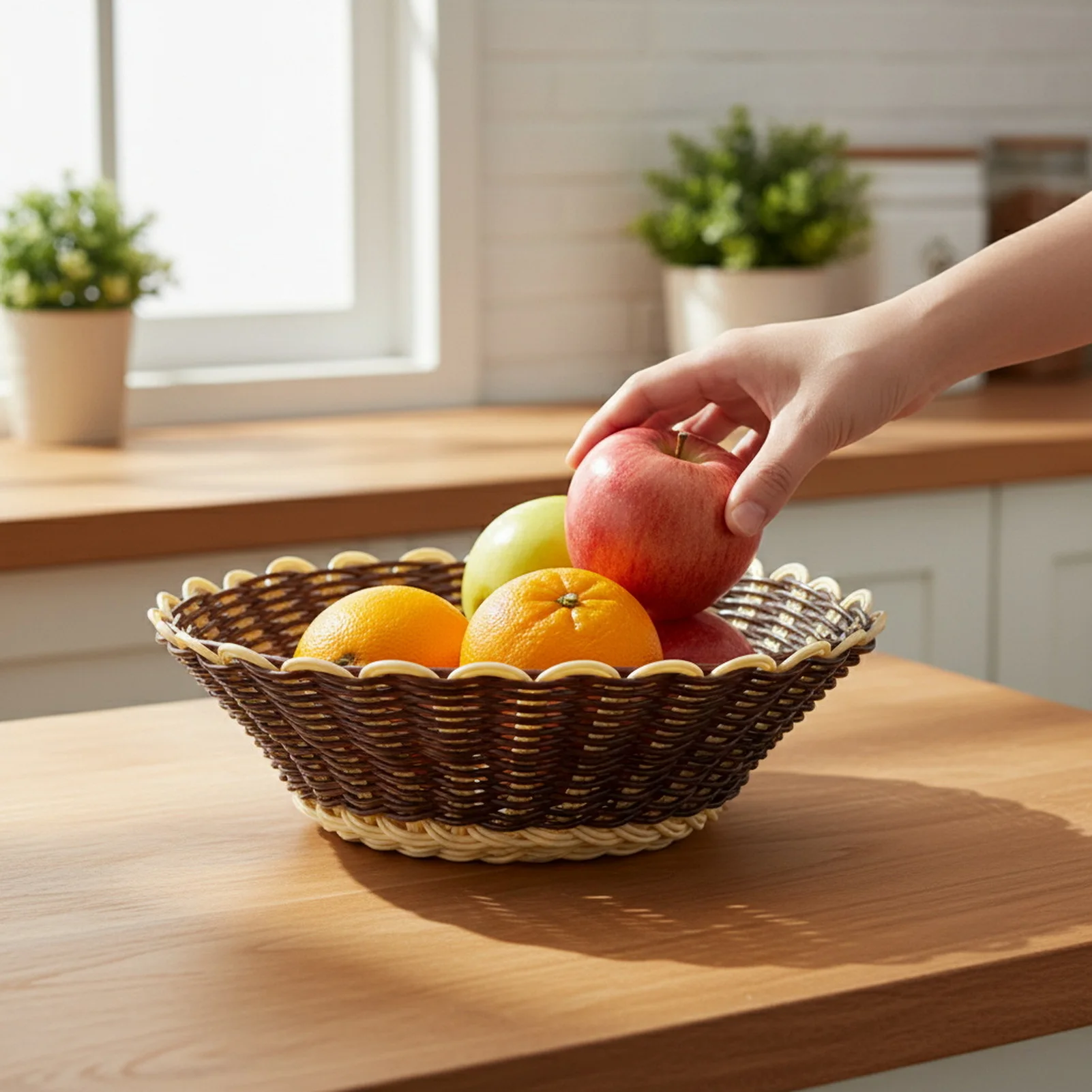 Wicker Fruit Basket for Kitchen Home Housewife Durable Double Color Weave Storage Bin Colander Bread Snack Holder Tray