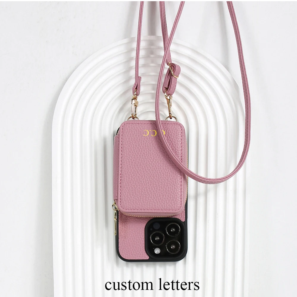 Personalize Letters Women Leather Phone Case Wallet With Long Strap Fashion Custom Name Female Card Wallet Moblie Shoulder Bag