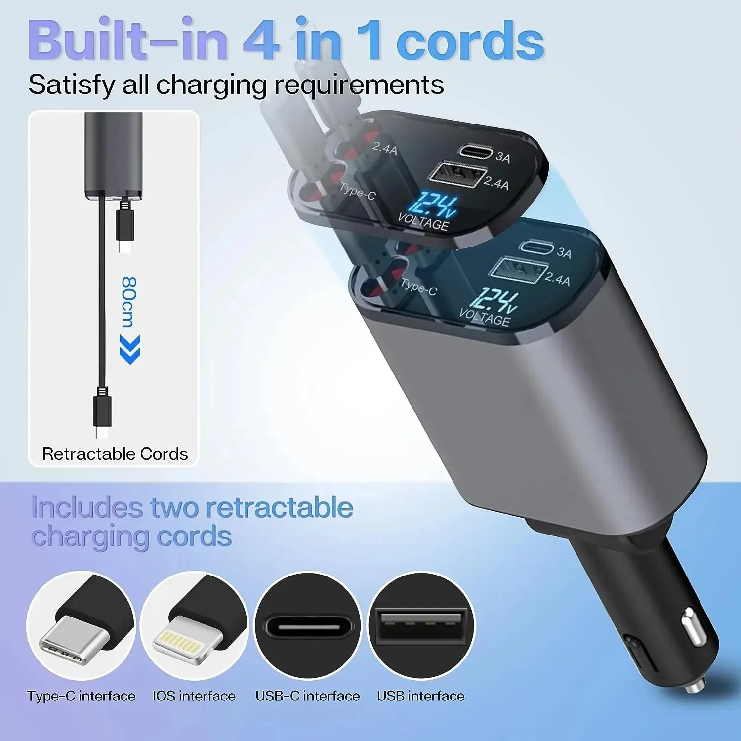 100W 4 IN 1 Retractable Car Charger USB Type C Cable For IPhone Samsung Fast Charge Cord Cigarette Lighter Adapter