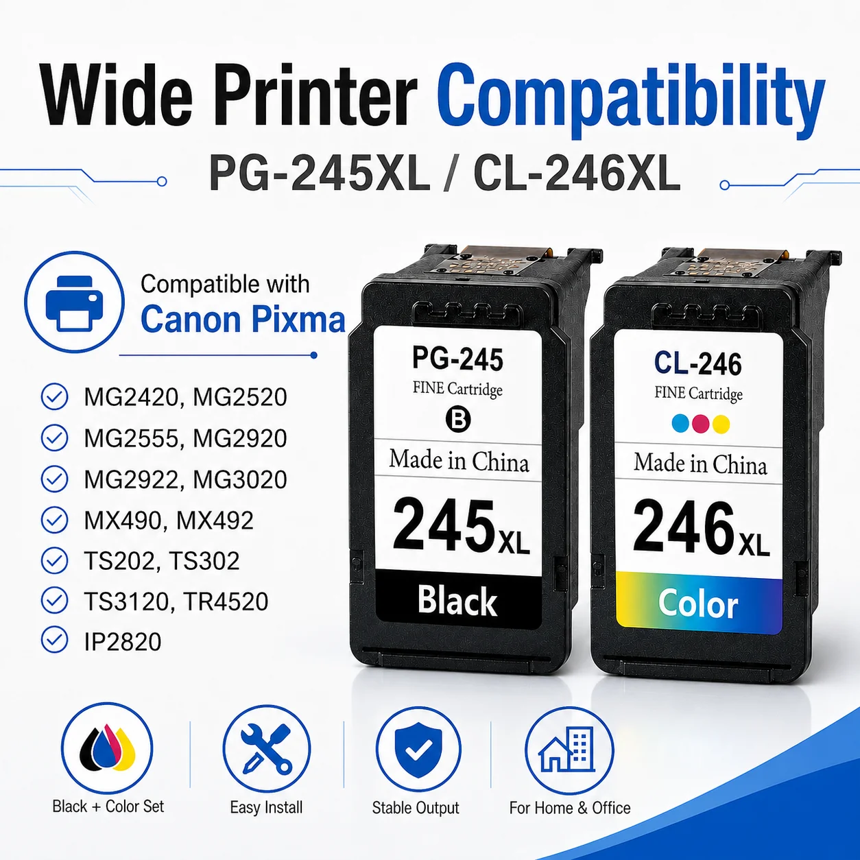 PG-245XL CL-246XL Compatible Ink Cartridges Black & Color for Canon Pixma MG2520 TS3120 TR4520 MX490