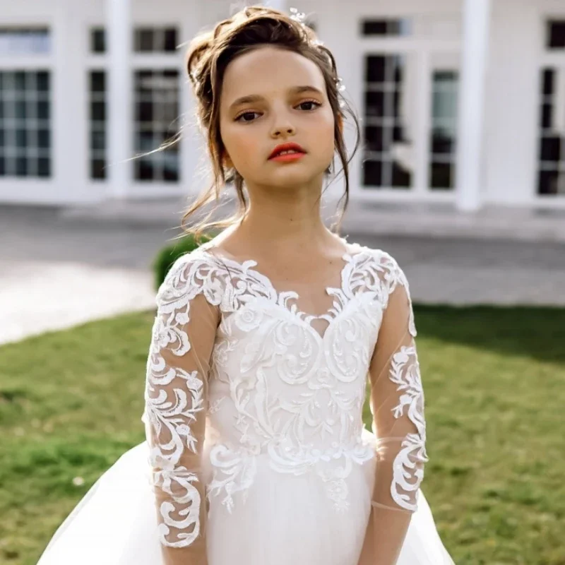 Vestidos blancos de flores para niña, patrón de tul blanco con lazo y cola, manga larga para boda, fiesta de cumpleaños, vestidos de primera comunión