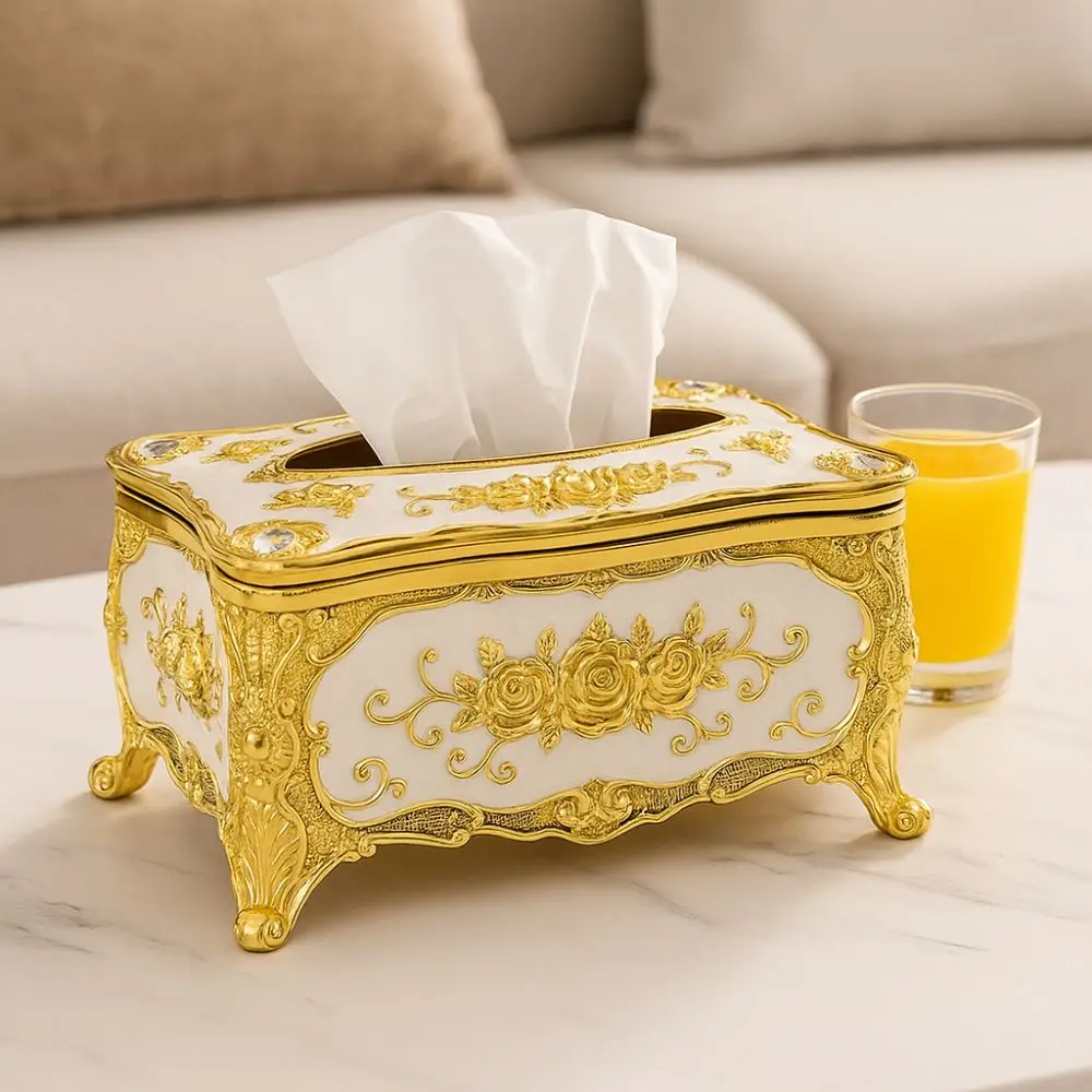Creative European Style Tissue Box Holder Rose Pattern Plastic Desktop Tissue Box Light Luxury Tissue Dispenser Restaurants