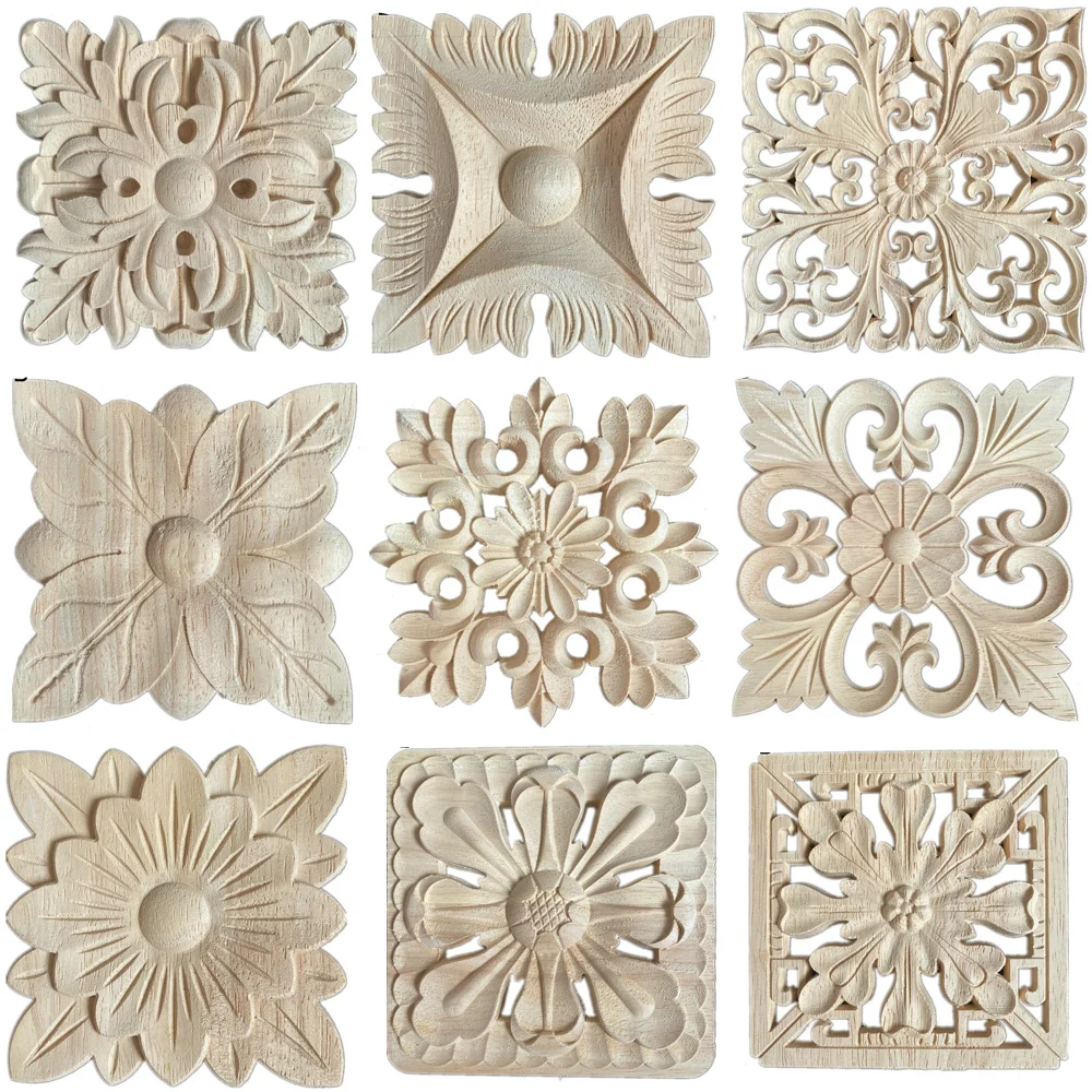 1PC Unique Natural Floral Wood Carved Wooden Figurines Crafts Corner Appliques Frame Wall Door Furniture Woodcarving Decorative