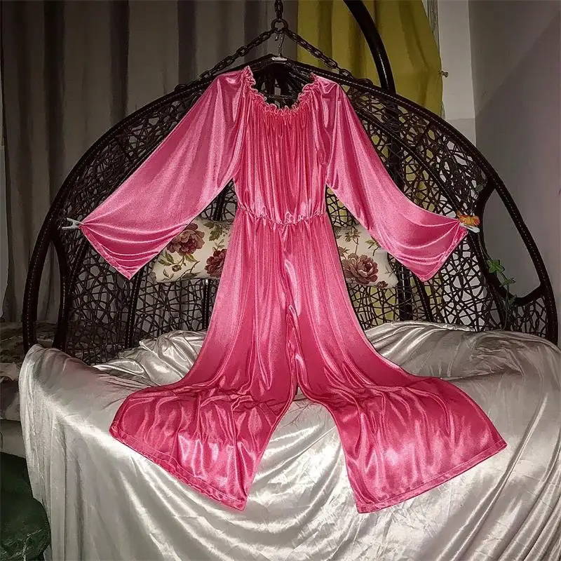 بلون زوجين الحرير الجليد ارتداءها الساتان على الوجهين حريري بذلة سيسي مرونة الخصر ارتداءها بنطال ذو قصة أرجل واسعة ملابس المنزل #5