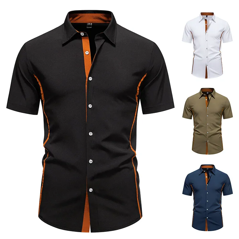 

Summer Men's Color Block Short Sleeve Casual Shirt Patchwork Daily Office Social Business Work Top Male Office Wear