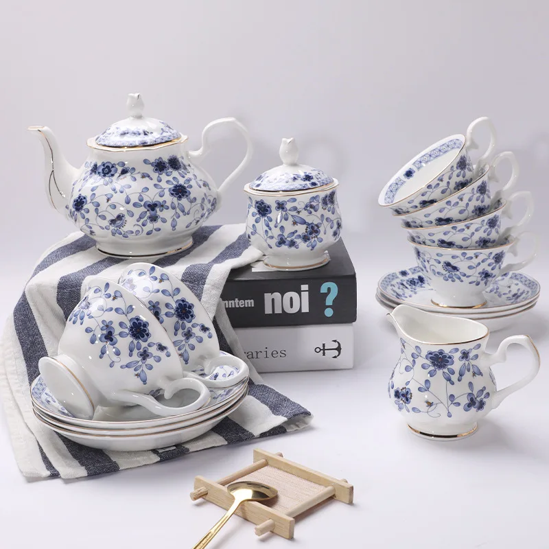 Blue and white bone china 15 head coffee set, ceramic coffee cup and plate afternoon tea set