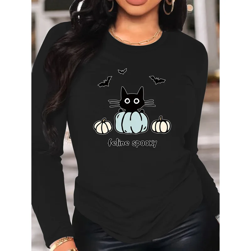 Women's Long Sleeve T-Shirt Feline Spooky Black Cat Pumpkin Bat Halloween Graphic Crew Neck Slim Fit Fall Tops