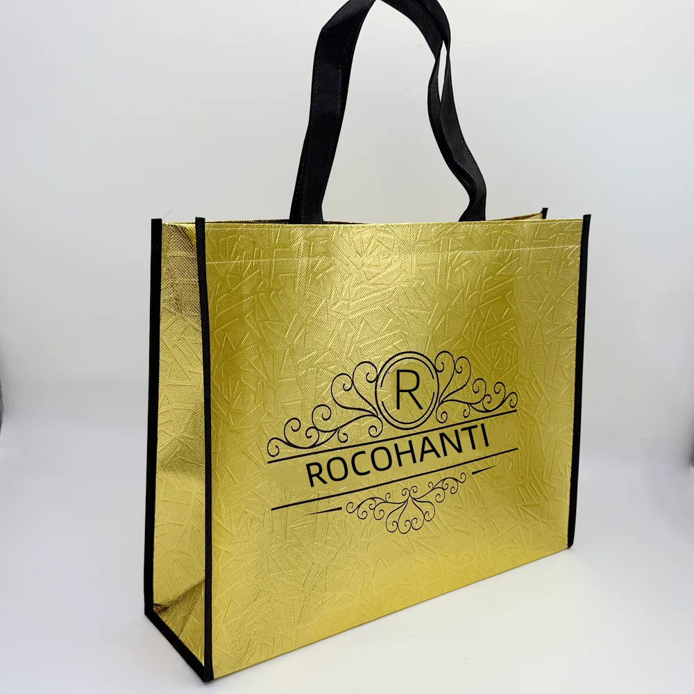 50X قابلة لإعادة الاستخدام شعار مخصص مطبوعة محبوكة فاخرة للمتسوقين حقيبة كبيرة الذهب لامع شنطة هدايا PP غير المنسوجة البقالة حقيبة تسوق