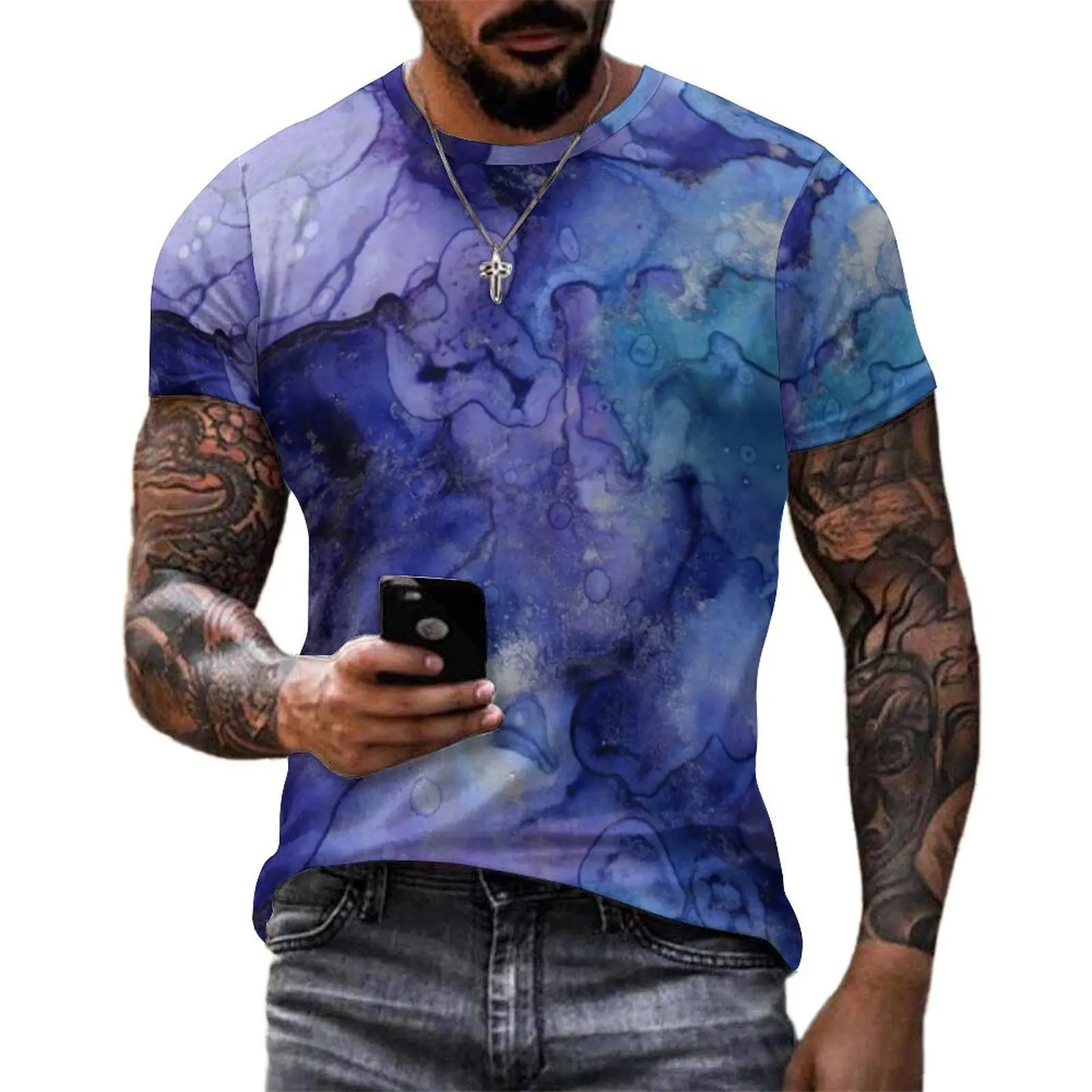 Summer T-Shirt Marbled Abstract Print T Shirts Blue and Purple Liquid Streetwear Fashion Tee Shirt Short Sleeve Plus Size Tops