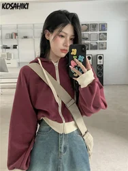 Drawstring Vintage Women Hoody 2024 Spring Zipper Contrast Color Patchwork Jacket Loose Casual Long Sleeve Arajuku Fashion Tops