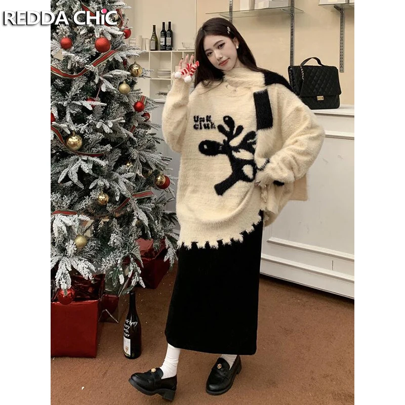 

ReddaChic Xmas Reindeer Furry Jumper Top Women Bicolor Raw Hem Long Sleeves Scarf Neck Pullover Mohair Sweater Casual Clothes