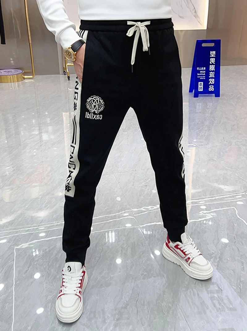 

Мужские повседневные спортивные брюки с флисовой подкладкой и вышитыми надписями, зауженного кроя, с манжетами, молодежный динамичный стиль, зимняя одежда