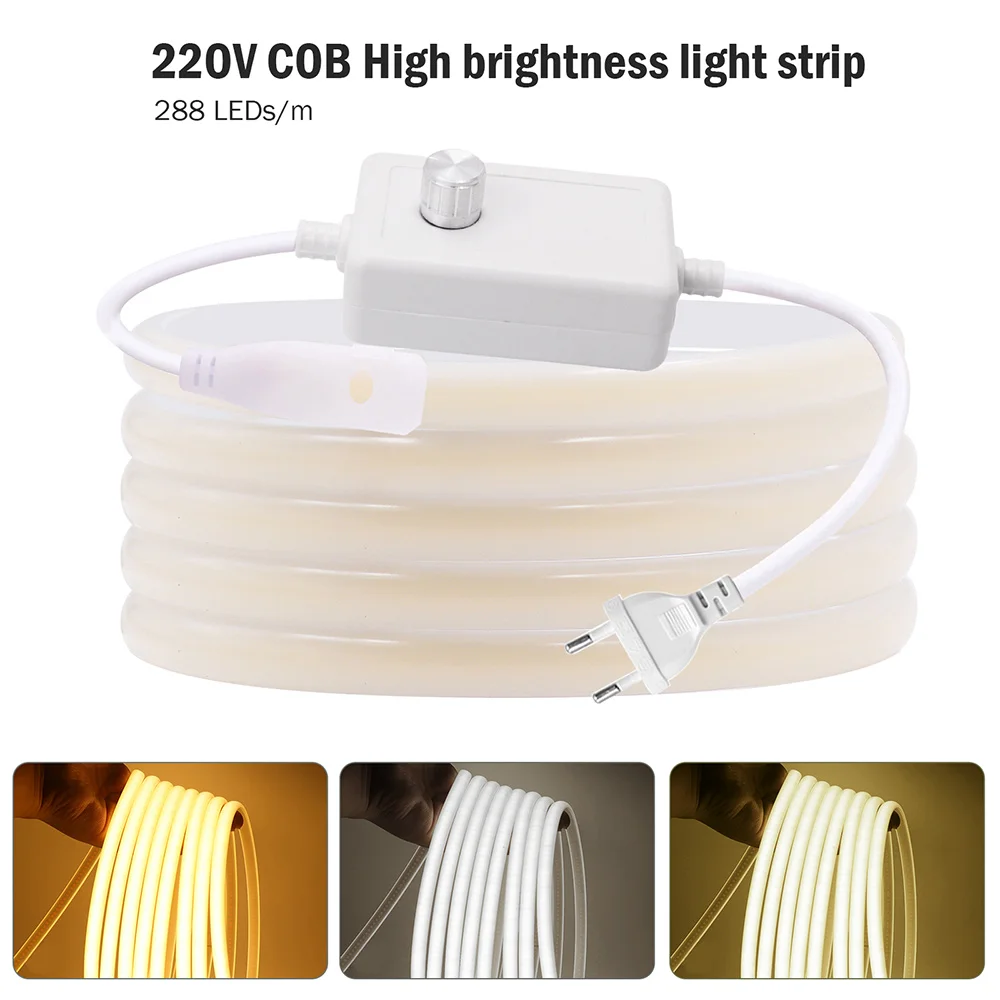 220V 5m 10m 20m 50m 100m COB LED Strip Light Dimmable Dimmer Switch Power Kit 288LED White RA90 Waterproof Flex Linear Lighting