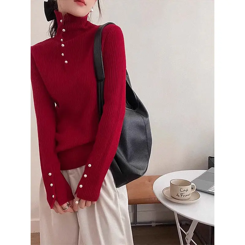 

Trunk Neck Knitted Base Shirt for Women New Autumn and Winter Sweater to Make Them Look Slim and Red in New Year