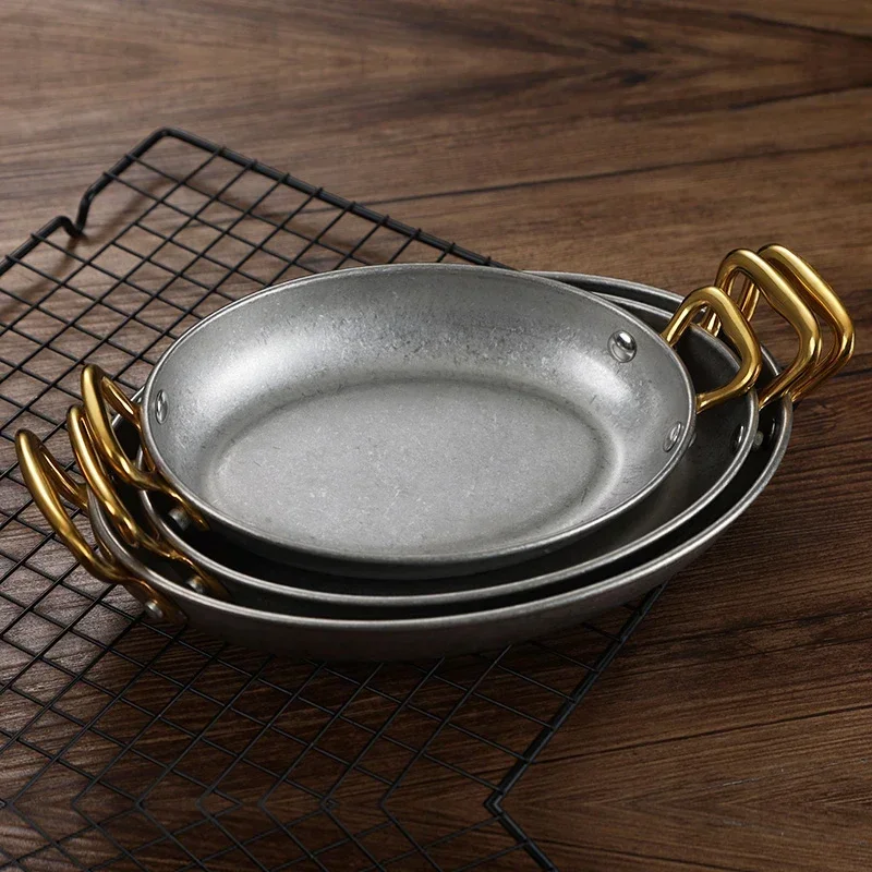 Stainless steel Vintage dish Western style steak Seafood Plate Ear Double Pot Oval Seafood Plate Flat Lobster Plates