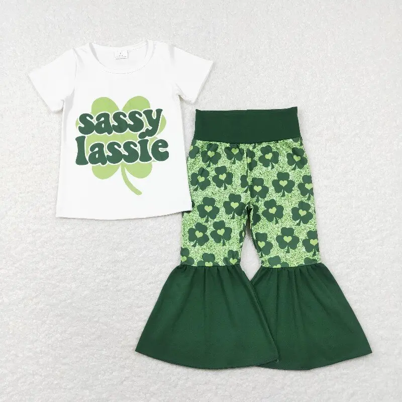 

New rts St. Patrick's Day baby girls' suits wholesale boutique four-leaf clover print short-sleeved trousers suit