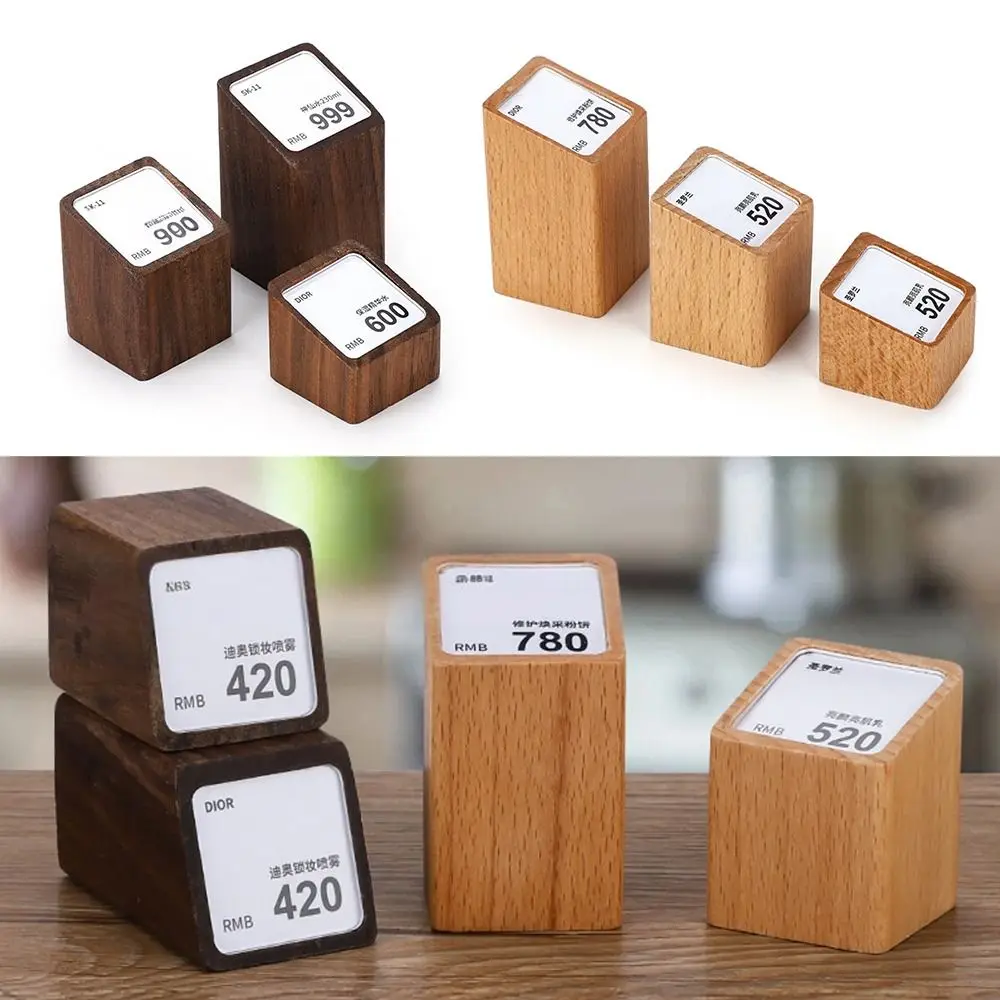 Multi-size Price Tag Holder Acrylic Window Kahki Coffee Display Stand Price Labeling Rack Wood Base Name Card Tags Holder view 4