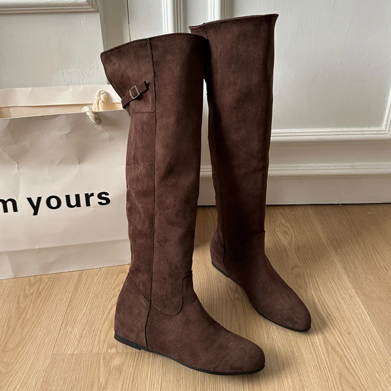 Flats Women's High Boots Suede Fashion Dress Shoes 2025 Designer Knee High Winter Boots Casual Cozy New Mujer De Chelsea Botas