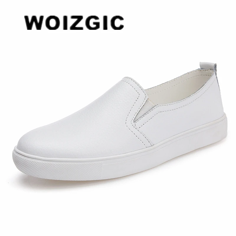 WOIZGIC Women\'s Ladies Female Woman Cow Genuine Leather White Vulcanized Shoes Flats Loafers Korean Slip On Leisure LLX-6688