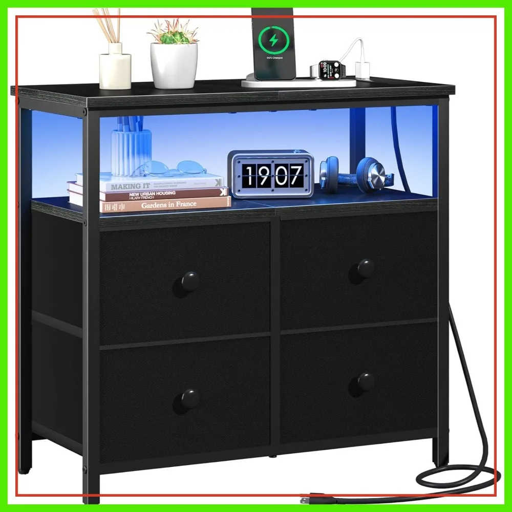 

Night Stand with Charging Station, 4 Drawer LED Bedside Table, 3-Tier End Table for Bedroom, Office, Black