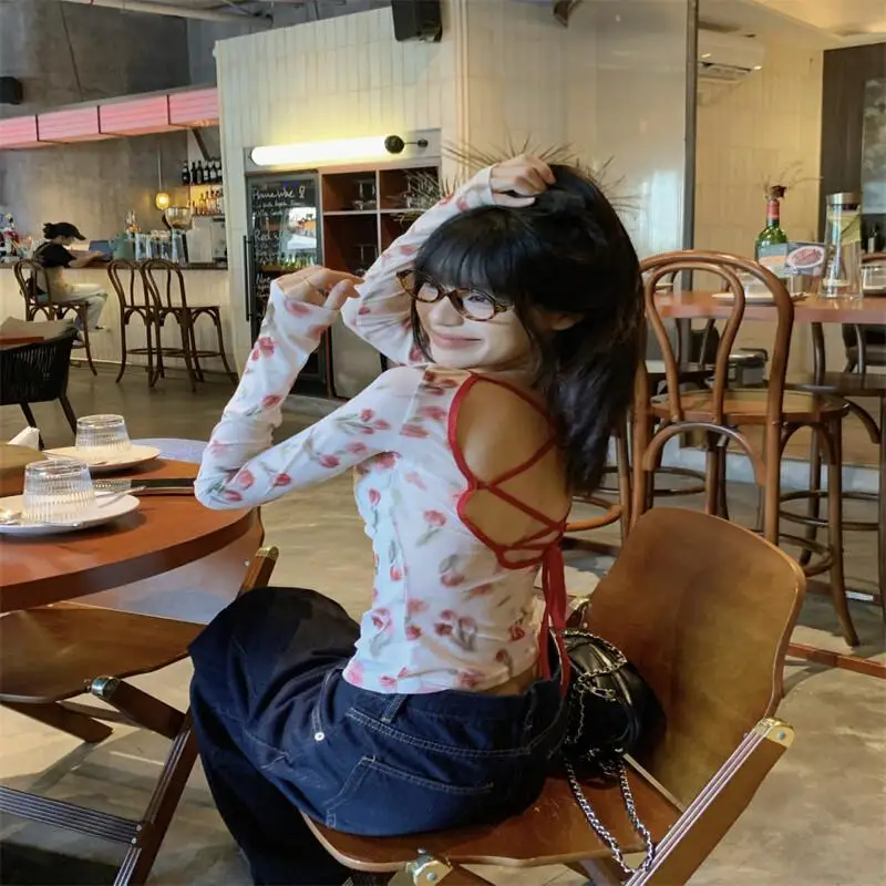 

Женская модная базовая футболка-пуловер с винтажным принтом, облегающая, с длинным рукавом, летний топ без спинки, защита от солнца