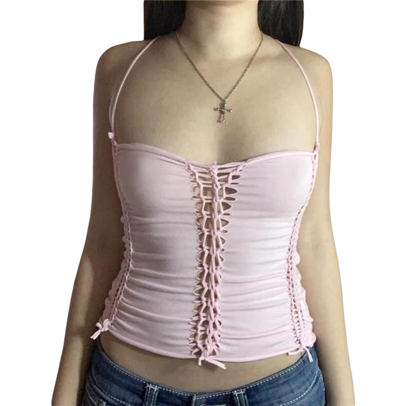 Fairycore Halter Crop Top Women 2000s Aesthetic Hollow Out Spaghetti Strap Sleeveless Camisole Fairy Grunge Clothes Streetwear