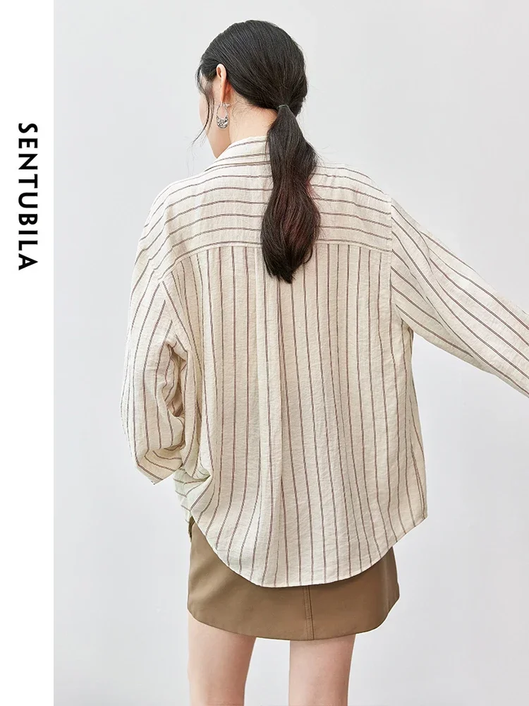 SENTUBILA Women Linen Spliced Striped Shirt  2024 Autumn Casual Loose Turn Down Collar Letter Embroidery  Blouse 143C56024