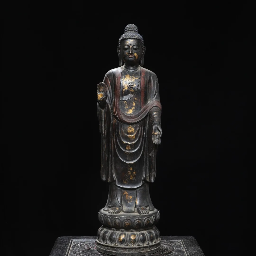 24 Old Bronze Gilded Cinnabar Parinirvana Shakyamuni Lotus Buddha Terrace Standing  Buddha Amitabha Worship Hall Town house