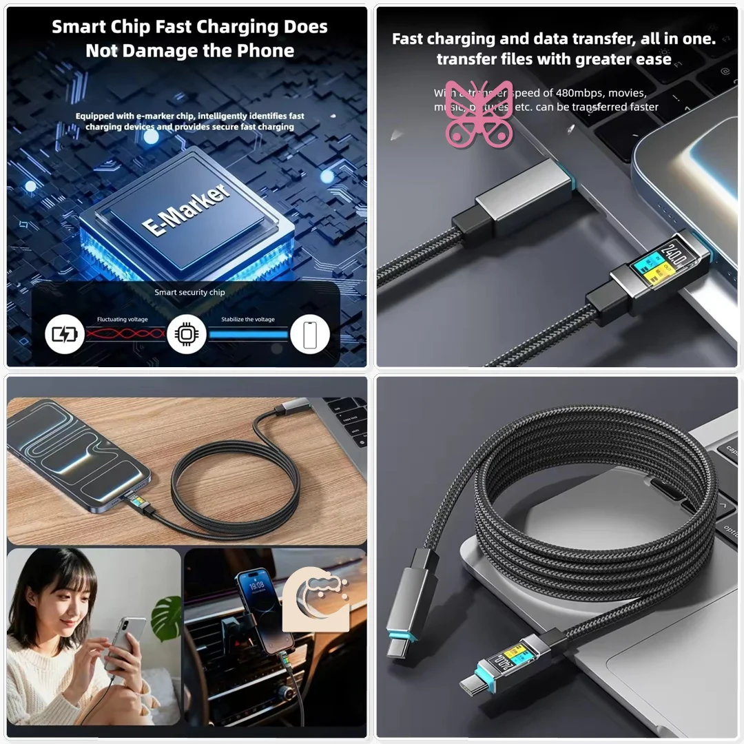 PD 240W USB C Super Quick Charging Data Line Dual C High Speed Transfer Cord Airport Gate Quick Power Boost