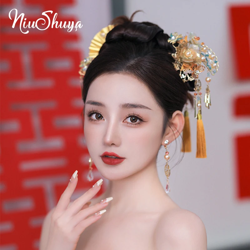 NiuShuya Graceful Classical Chinese Xiuhe Fan Flower Designs Costume Hair Accessories Hanfu Hairpin Set Jewelries