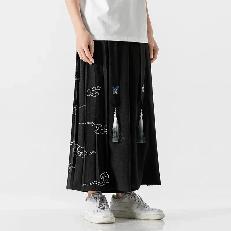 

Summer Kimono Improved Retro Wide-leg Pants Men's Tassel Linen Ancient Style Men's Clothing Culottes Crane Pants Asian Pants