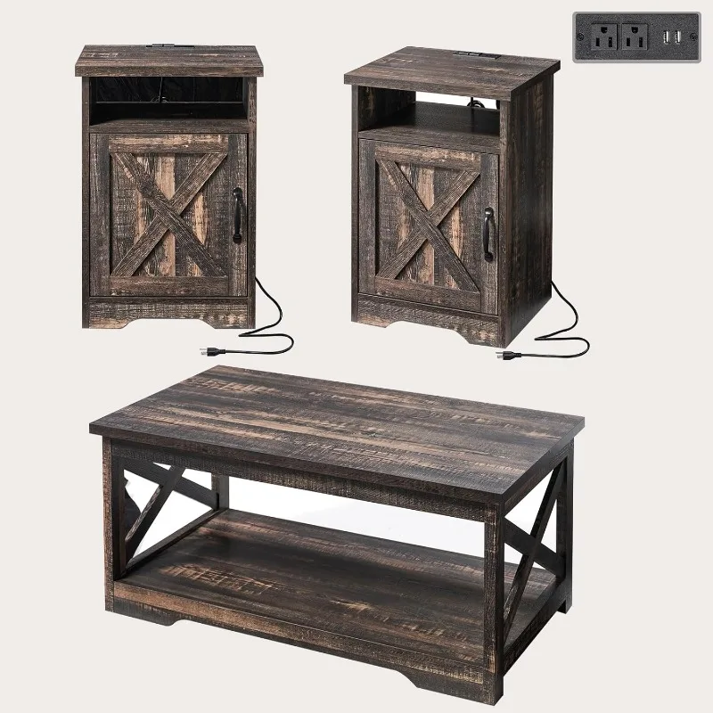 3-Piece Farmhouse Table Set Includes Coffee Table& Two End Tables with Charging Station and USB Ports, for Living Room