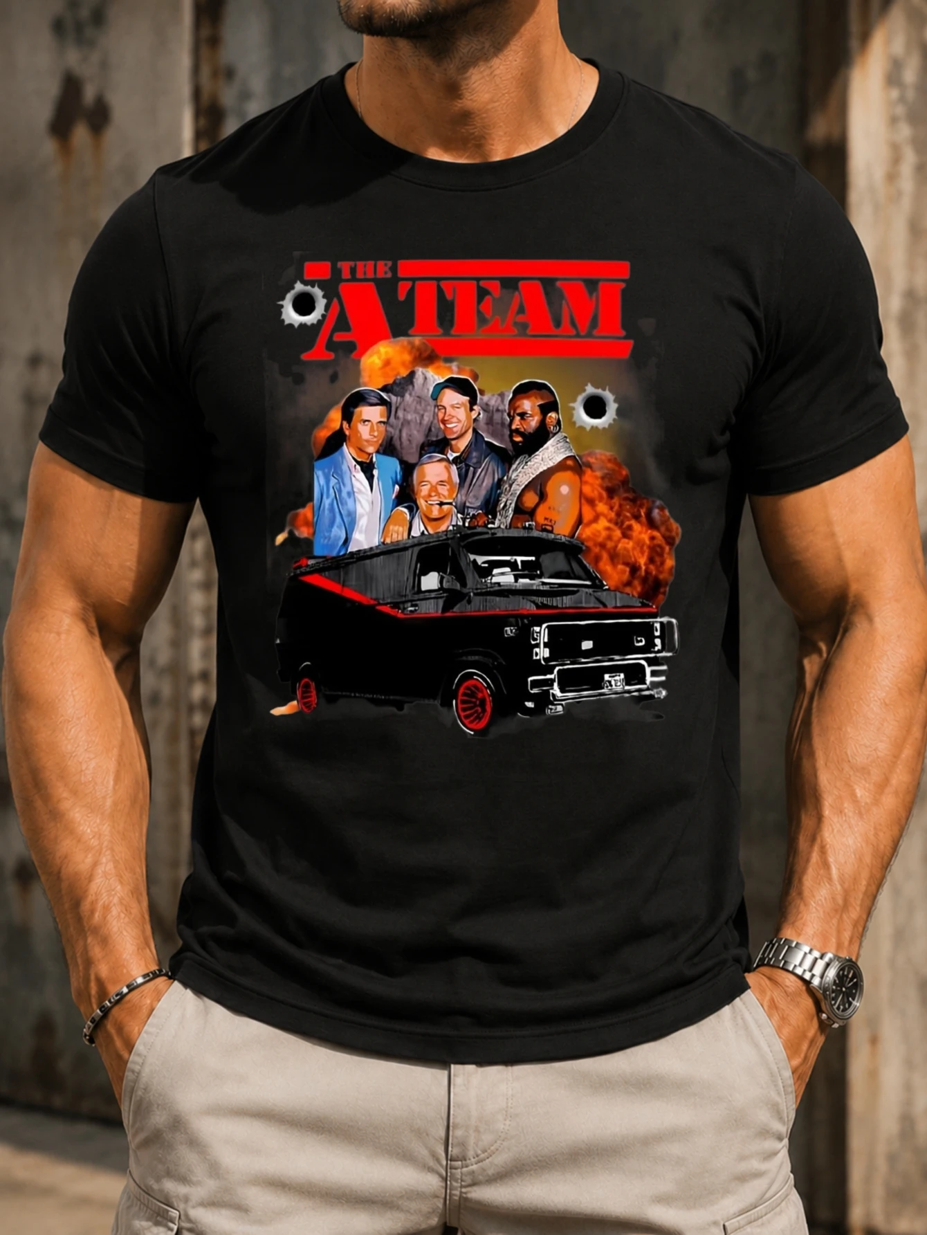 The ATeam portraits with  van explosions and bullet hole details Graphic featuring bold red title  Unisex All T-Shirt