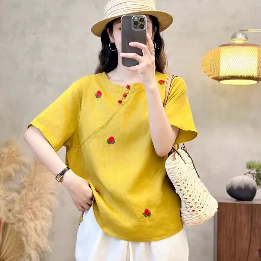 New Chinese Sle Loose Fit round Ne ort Sve Embroidered Linen irt Women Summer Anti-Aging Slimming Top