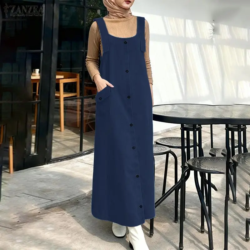 

2026 Spring Summer Overalls Dress ZANZEA Muslim Abaya Robe Femme Women Sleeveless Sundress Ramadan Kaftan Solid Islamic Clothing