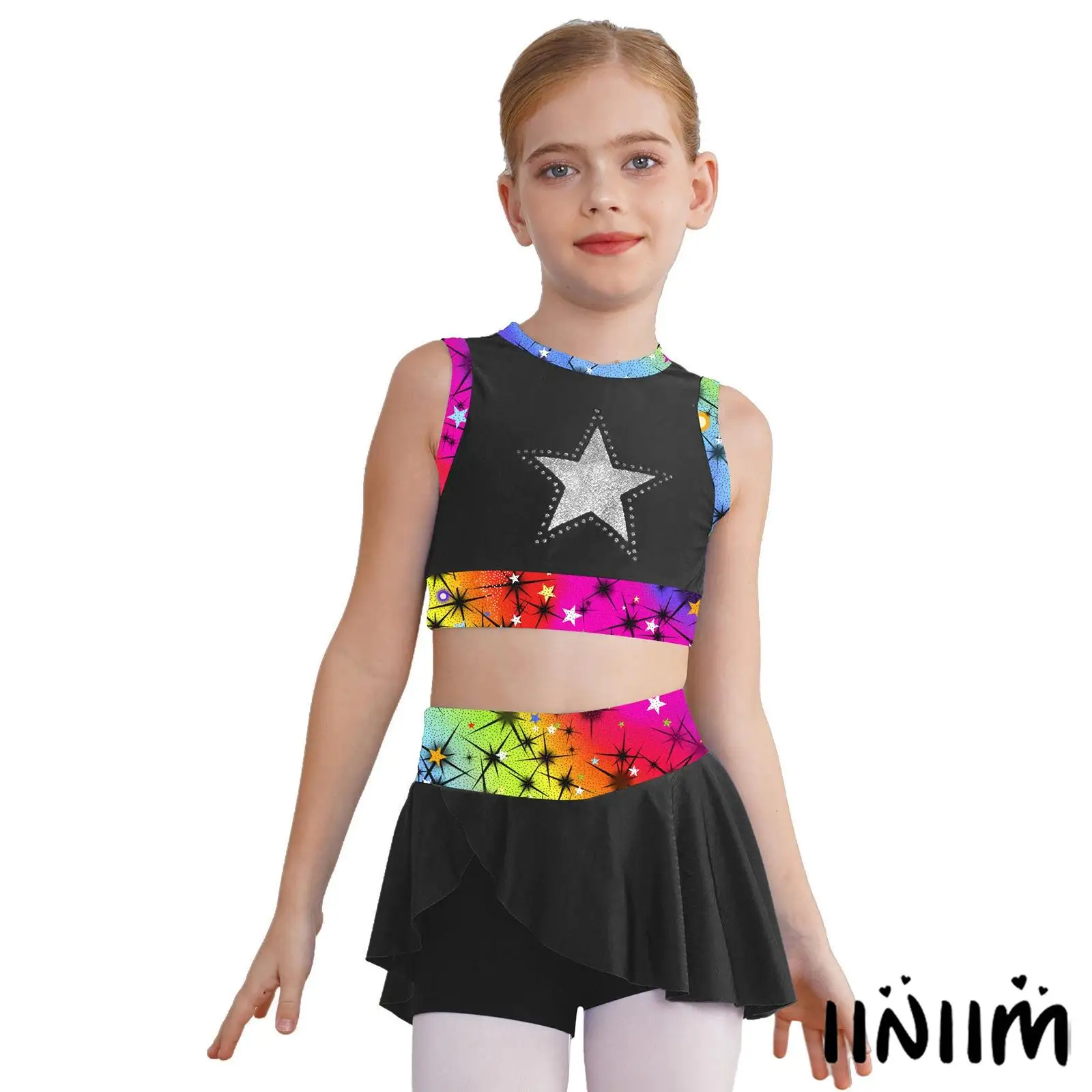 

Girls 2 Pcs Cheerleading Dance Outfit Gymnastic Jazz Dance Costume Hollow Back Tank Top with Sport Skirt Set Exercise Activewear