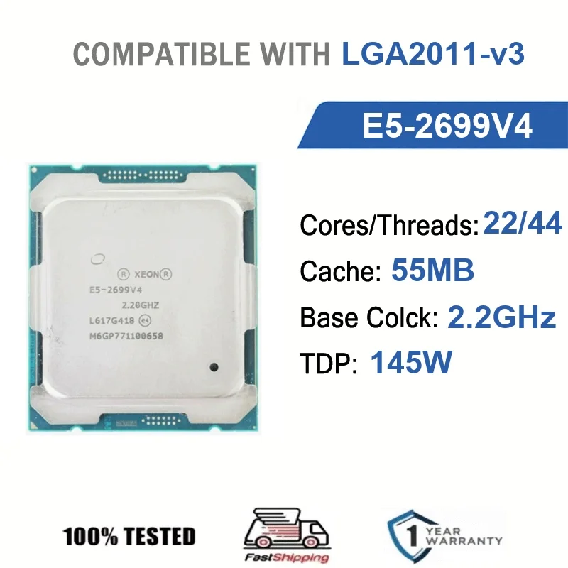 Intel Xeon E5-2699V4 22 Kerne 44 Threads 2,2GHz 145W 55MB Cache 14nm LGA 2011-v3 SR2J1 DDR4-2400 MHz Broadwell-EP