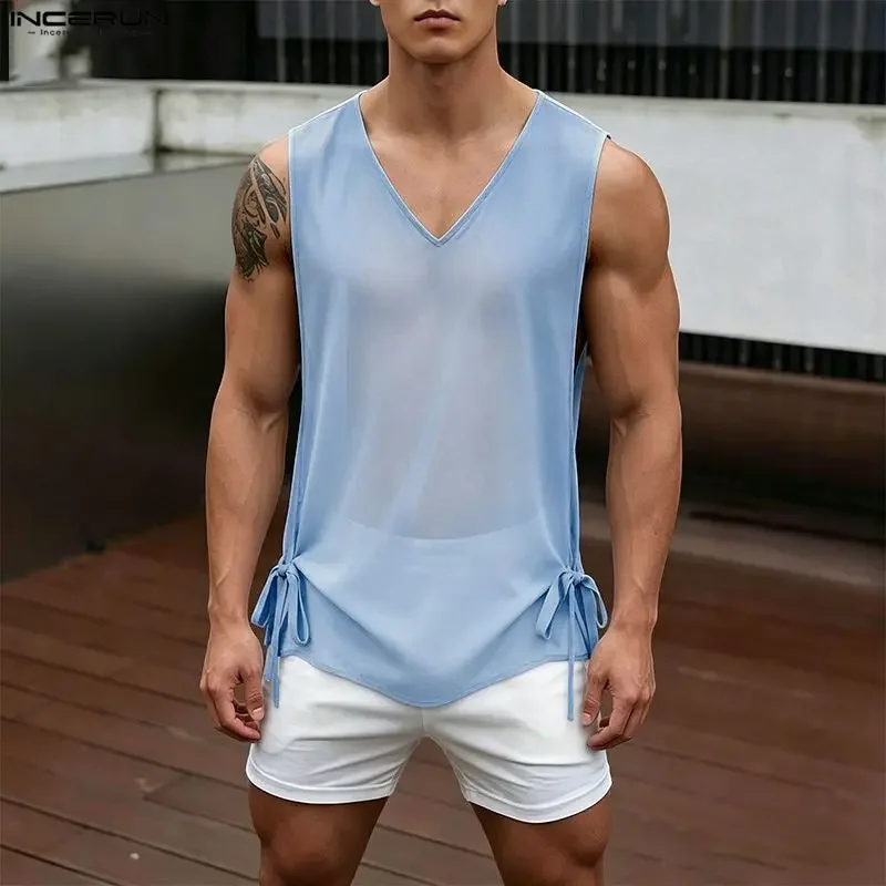 INCERUN Men Tank Tops Solid Color Mesh See Through V Neck Sleeveless Men Clothes Streetwear Sexy Party Lace Up Split Tops Vests